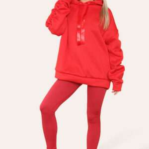 Plus Size Ruched Sleeves Hoodie With Satin Ribbon With High Waist High Rise Seamless Ribbed Legging Set