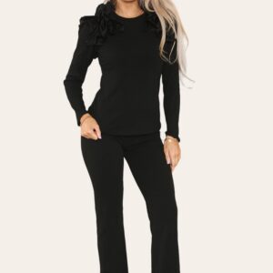 Ruffle Frill Shoulder Ribbed Loungewear Co-Ord Top & Trouser Set