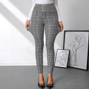 Women's Check Print Button Embellished High-waist Slim-fit Knit Pants